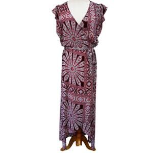 ELLA MOSS Flutter Sleeve Wrap Dress Size S Red Purple Boho Print Midi Dress